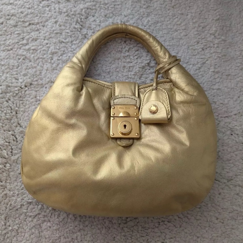 Auth MUI MUI Elegant Gold Y2K mini hobo leather Women's Handbag RARE vintage - Picture 12 of 14